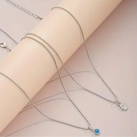 18K Gold Plated Layered Evil Eye & Hamsa Hand Necklace Set NIP - Picture 3 of 6